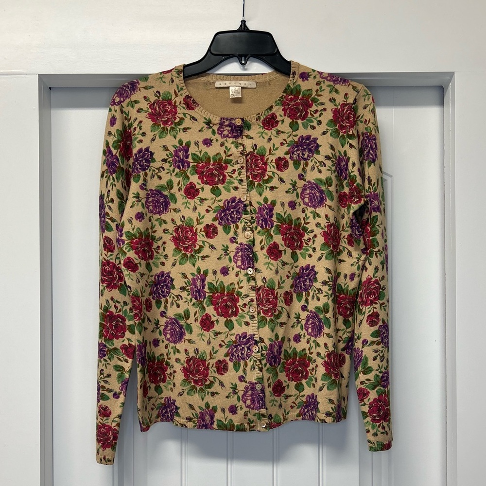 BELFORD Woman’s Silk Blend Sweater Roses Print Button Down Cardigan Size L